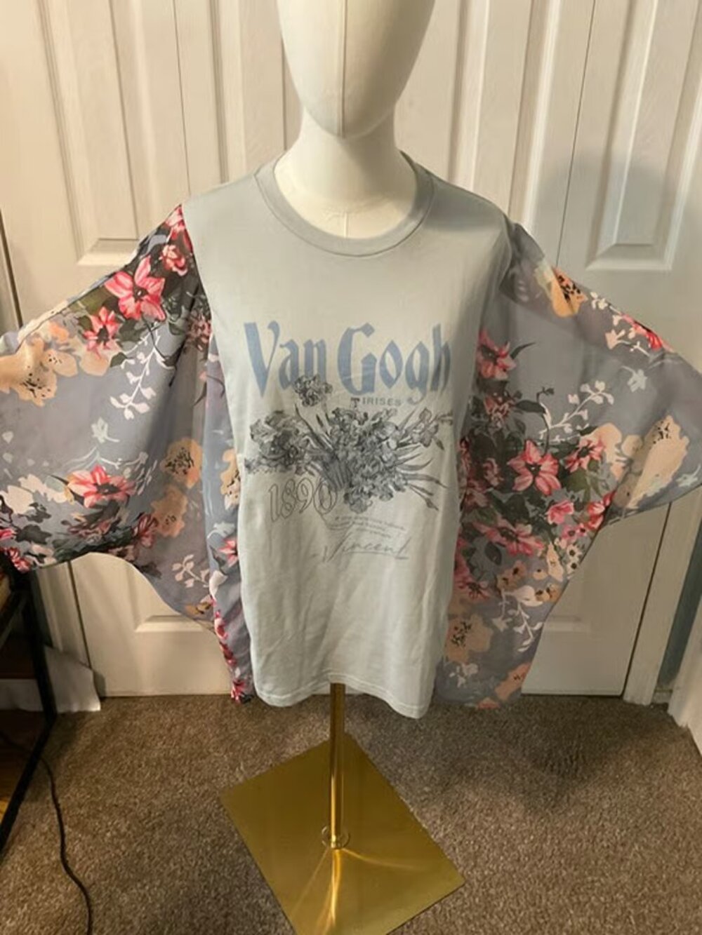 Van Gogh Irises Upcycled Graphic T- Shirt with Flowy Floral Sleeves - OSFM